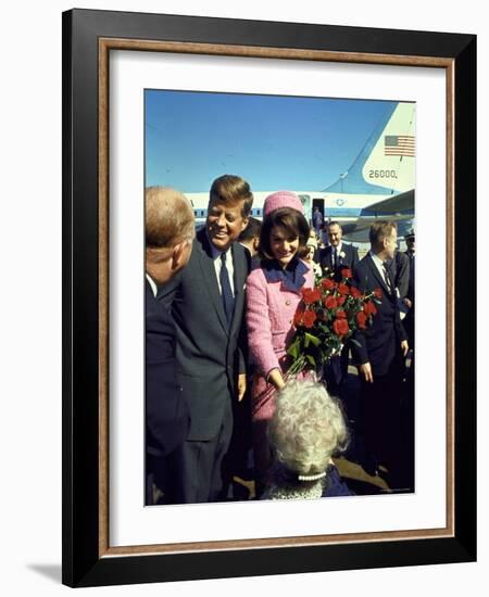 Pres. John F. Kennedy and Wife Jackie Arriving at Love Field, Campaign Tour with VP Lyndon Johnson-Art Rickerby-Framed Photographic Print