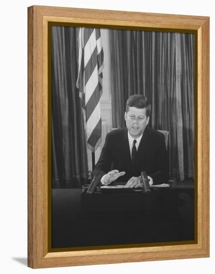 Pres. John F. Kennedy at White House Broadcasting Nationwide Speech on Berlin Crisis-Ed Clark-Framed Premier Image Canvas