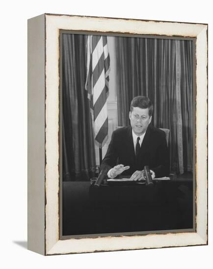 Pres. John F. Kennedy at White House Broadcasting Nationwide Speech on Berlin Crisis-Ed Clark-Framed Premier Image Canvas