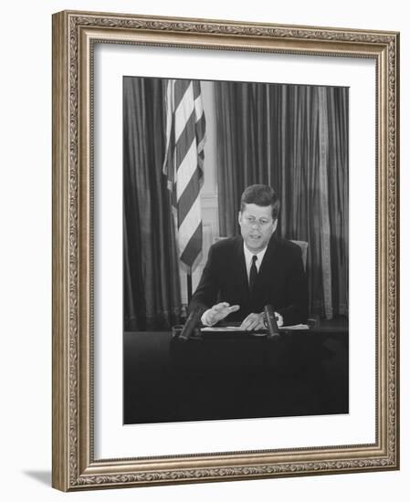 Pres. John F. Kennedy at White House Broadcasting Nationwide Speech on Berlin Crisis-Ed Clark-Framed Photographic Print