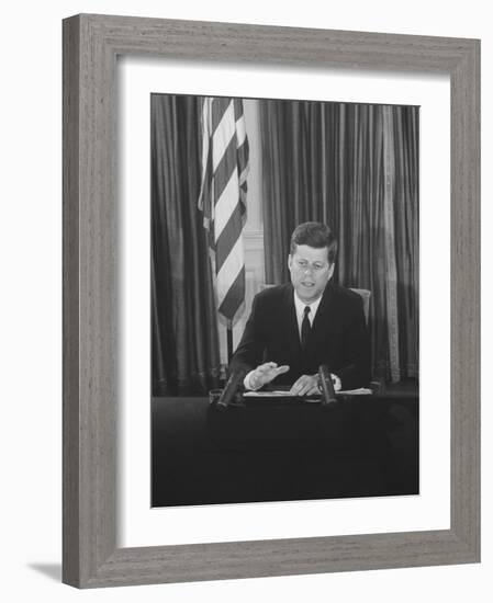 Pres. John F. Kennedy at White House Broadcasting Nationwide Speech on Berlin Crisis-Ed Clark-Framed Photographic Print