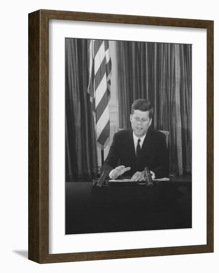 Pres. John F. Kennedy at White House Broadcasting Nationwide Speech on Berlin Crisis-Ed Clark-Framed Photographic Print