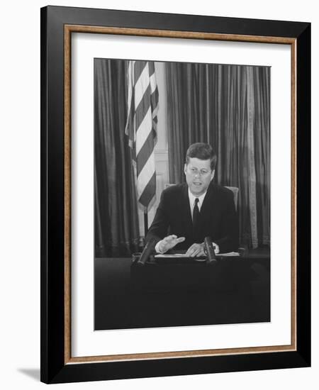 Pres. John F. Kennedy at White House Broadcasting Nationwide Speech on Berlin Crisis-Ed Clark-Framed Photographic Print