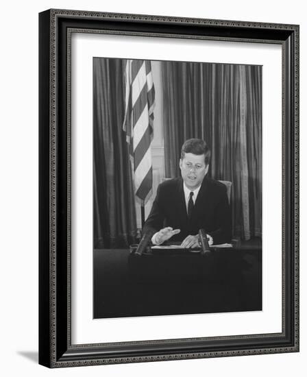 Pres. John F. Kennedy at White House Broadcasting Nationwide Speech on Berlin Crisis-Ed Clark-Framed Photographic Print