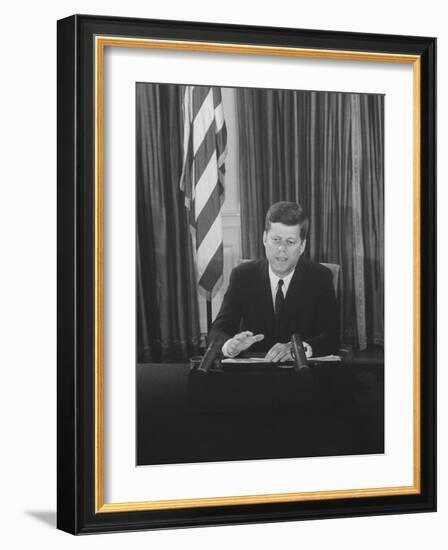 Pres. John F. Kennedy at White House Broadcasting Nationwide Speech on Berlin Crisis-Ed Clark-Framed Photographic Print