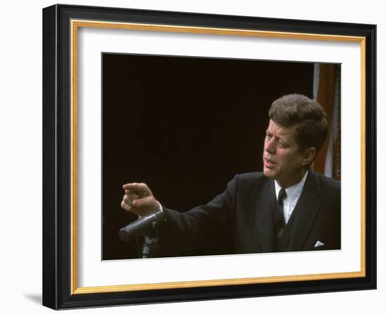 Pres. John F. Kennedy Gesturing During Press Conf. Concerning Governmental Aid to Parochial Schools-null-Framed Photographic Print