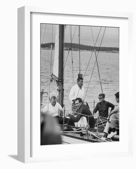 Pres. John F. Kennedy Sailing with Sen. Edmund S. Muskie-null-Framed Photographic Print