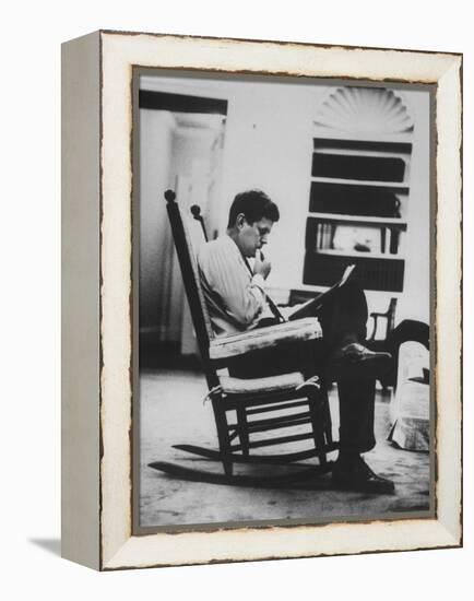 Pres. John F. Kennedy Sitting in Rocking Chair-null-Framed Premier Image Canvas