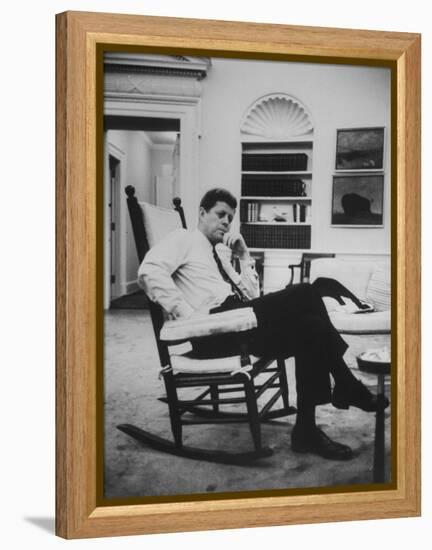 Pres. John F. Kennedy Sitting in Rocking Chair-null-Framed Premier Image Canvas