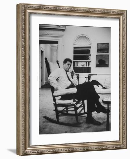 Pres. John F. Kennedy Sitting in Rocking Chair-null-Framed Photographic Print