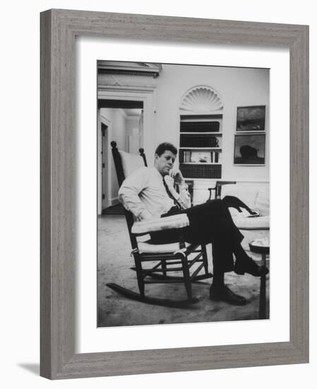 Pres. John F. Kennedy Sitting in Rocking Chair-null-Framed Photographic Print