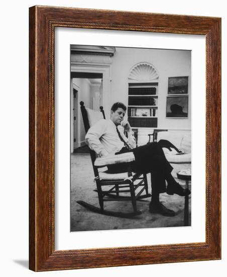 Pres. John F. Kennedy Sitting in Rocking Chair-null-Framed Photographic Print