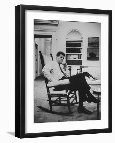 Pres. John F. Kennedy Sitting in Rocking Chair--Framed Photographic Print