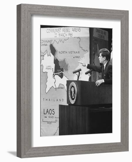 Pres. John F. Kennedy Speaking on Laos During Press Conference-null-Framed Photographic Print