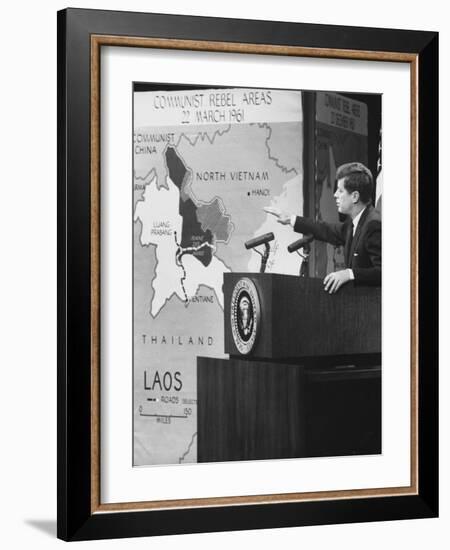 Pres. John F. Kennedy Speaking on Laos During Press Conference-null-Framed Photographic Print