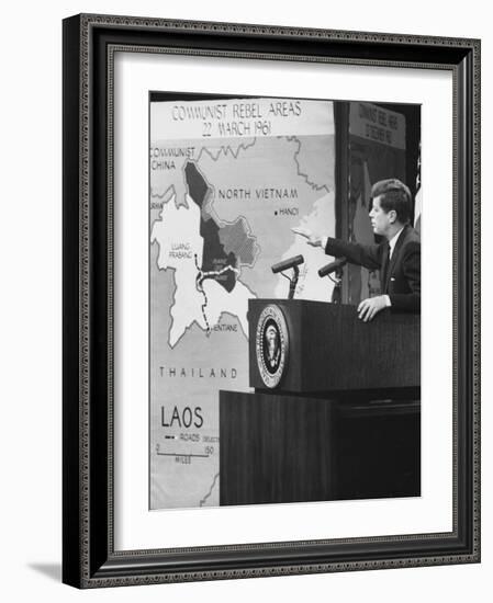Pres. John F. Kennedy Speaking on Laos During Press Conference-null-Framed Photographic Print