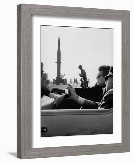 Pres. John F. Kennedy W. Gen. Paul Adams, During Tour of a Pershing Missile at Fort Bragg-null-Framed Photographic Print