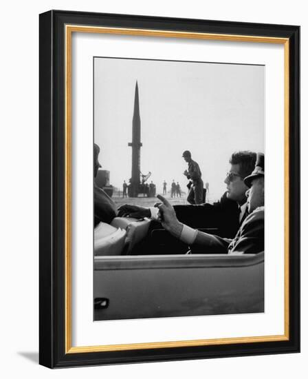 Pres. John F. Kennedy W. Gen. Paul Adams, During Tour of a Pershing Missile at Fort Bragg-null-Framed Photographic Print