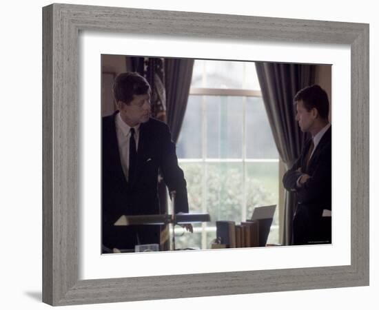 Pres. John F. Kennedy with Brother Robert F. Kennedy at the White House During the Steel Crisis-Art Rickerby-Framed Photographic Print