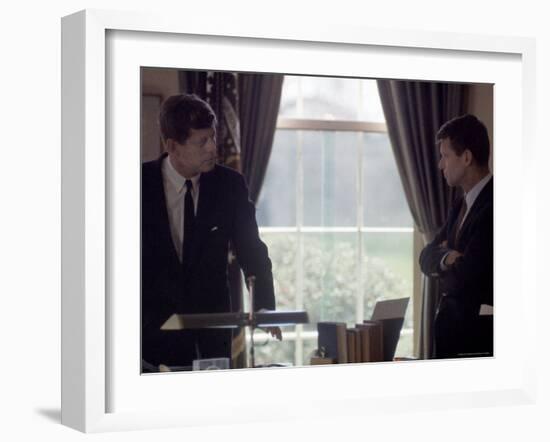 Pres. John F. Kennedy with Brother Robert F. Kennedy at the White House During the Steel Crisis-Art Rickerby-Framed Photographic Print