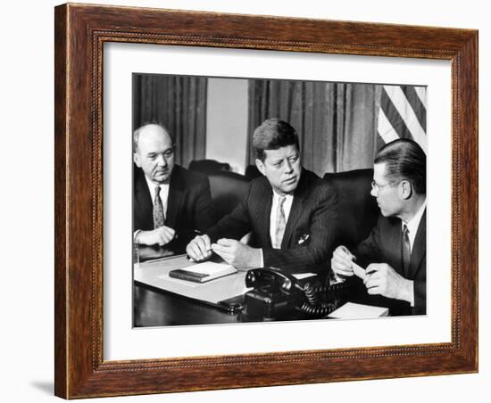 Pres. John F. Kennedy with Dean Rusk and Robert S. Mcnamara-null-Framed Photographic Print