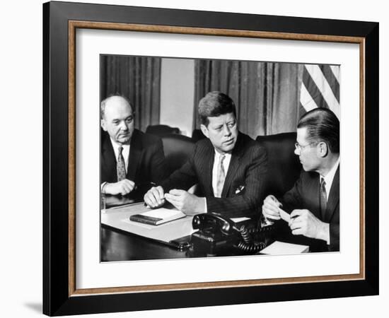 Pres. John F. Kennedy with Dean Rusk and Robert S. Mcnamara-null-Framed Photographic Print
