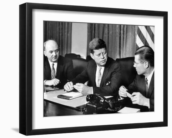 Pres. John F. Kennedy with Dean Rusk and Robert S. Mcnamara-null-Framed Photographic Print