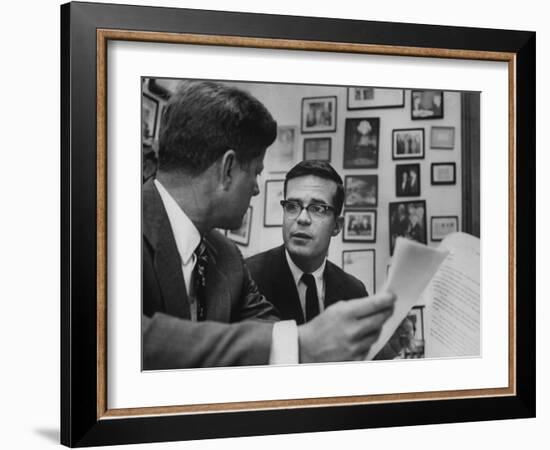 Pres. John F. Kennedy with His Aide Theodore Sorensen Discussing W. Virginia's Economic Problems-null-Framed Photographic Print