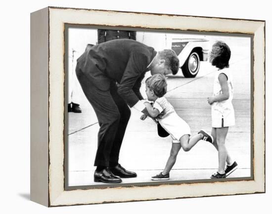 Pres John Kennedy and Children, John Jr and Caroline at Squaw Island, Massachusetts, Aug 23, 1963-null-Framed Stretched Canvas