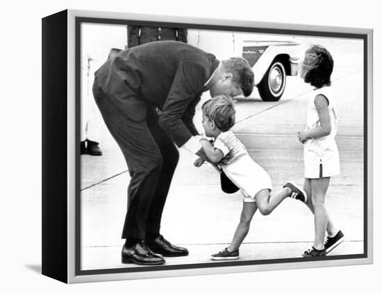 Pres John Kennedy and Children, John Jr and Caroline at Squaw Island, Massachusetts, Aug 23, 1963-null-Framed Stretched Canvas