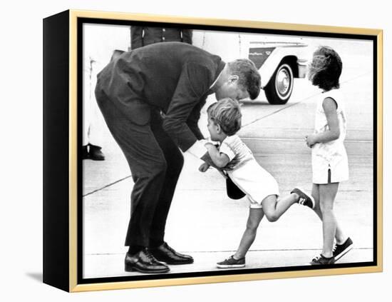 Pres John Kennedy and Children, John Jr and Caroline at Squaw Island, Massachusetts, Aug 23, 1963-null-Framed Stretched Canvas