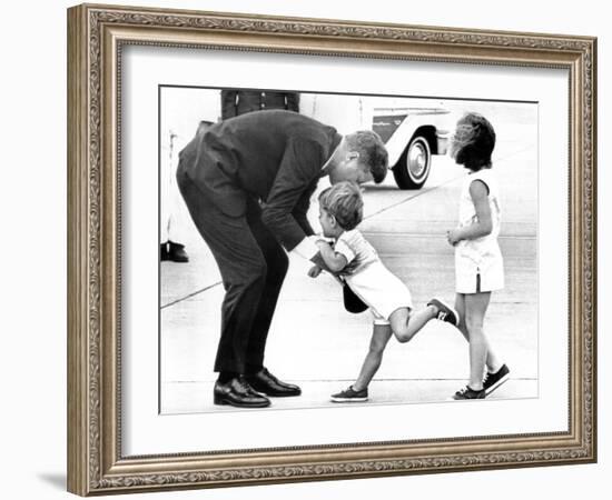 Pres John Kennedy and Children, John Jr and Caroline at Squaw Island, Massachusetts, Aug 23, 1963-null-Framed Photo