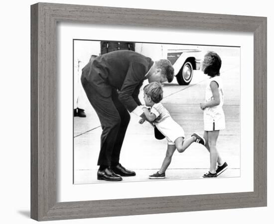 Pres John Kennedy and Children, John Jr and Caroline at Squaw Island, Massachusetts, Aug 23, 1963-null-Framed Photo