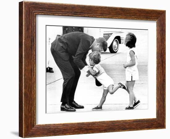 Pres John Kennedy and Children, John Jr and Caroline at Squaw Island, Massachusetts, Aug 23, 1963-null-Framed Photo