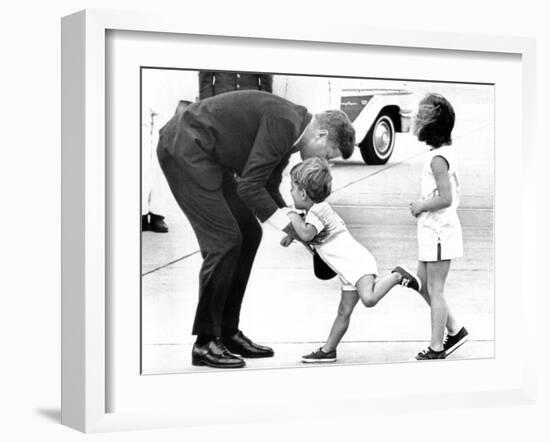 Pres John Kennedy and Children, John Jr and Caroline at Squaw Island, Massachusetts, Aug 23, 1963-null-Framed Photo