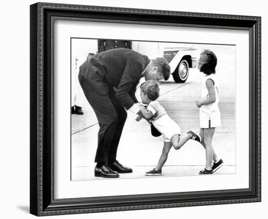 Pres John Kennedy and Children, John Jr and Caroline at Squaw Island, Massachusetts, Aug 23, 1963-null-Framed Photo