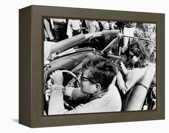 Pres Kennedy Drives an Open Car in Newport, Rhode Island-null-Framed Stretched Canvas