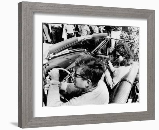 Pres Kennedy Drives an Open Car in Newport, Rhode Island-null-Framed Photo