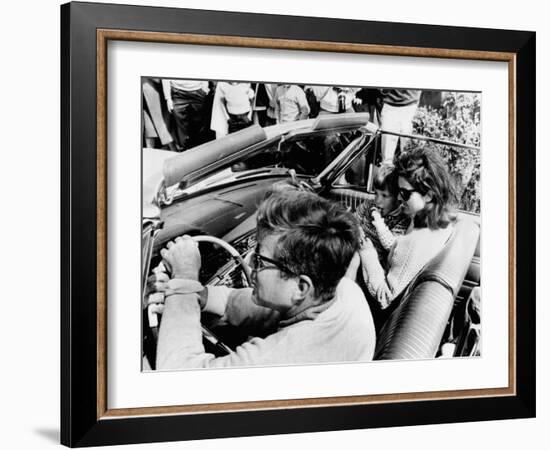 Pres Kennedy Drives an Open Car in Newport, Rhode Island-null-Framed Photo