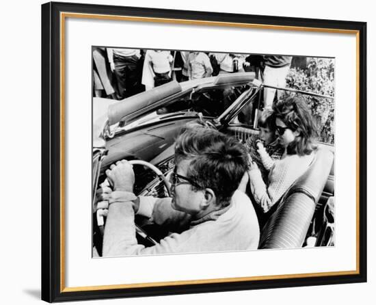 Pres Kennedy Drives an Open Car in Newport, Rhode Island-null-Framed Photo