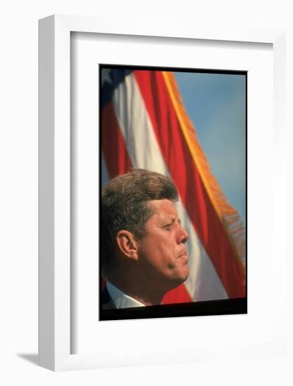 Pres. Kennedy in Front of American Flag, Attending Dedication of Trinity River Whiskeytown Dam-Art Rickerby-Framed Photographic Print