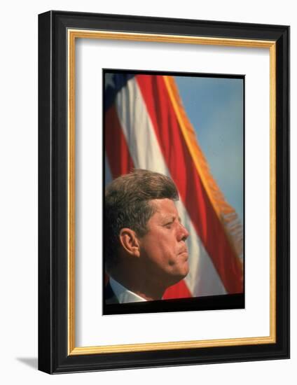 Pres. Kennedy in Front of American Flag, Attending Dedication of Trinity River Whiskeytown Dam-Art Rickerby-Framed Photographic Print