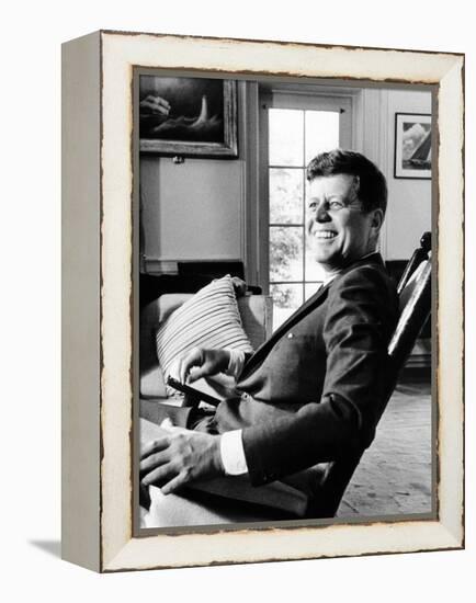 Pres Kennedy Sits in Rocking Chair in Oval Office of White House on 46th Birthday, May 29, 1963-null-Framed Stretched Canvas