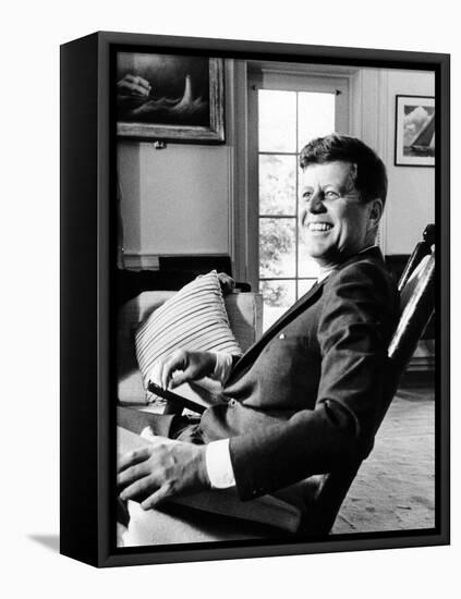 Pres Kennedy Sits in Rocking Chair in Oval Office of White House on 46th Birthday, May 29, 1963-null-Framed Stretched Canvas