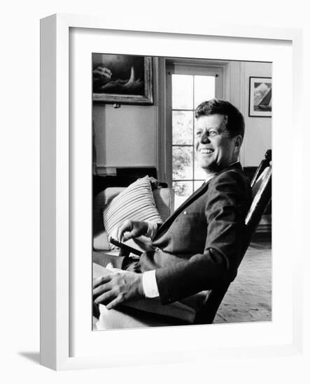 Pres Kennedy Sits in Rocking Chair in Oval Office of White House on 46th Birthday, May 29, 1963-null-Framed Photo