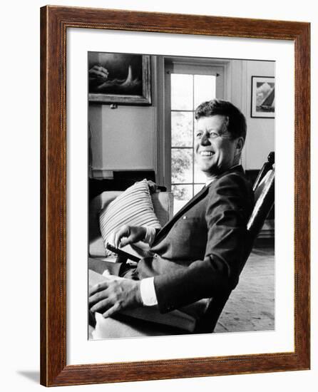 Pres Kennedy Sits in Rocking Chair in Oval Office of White House on 46th Birthday, May 29, 1963-null-Framed Photo