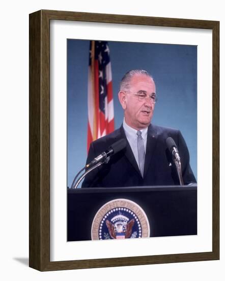 Pres. Lyndon B. Johnson Holding White House Press Conference-null-Framed Photographic Print