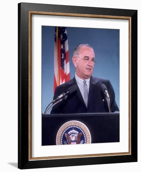 Pres. Lyndon B. Johnson Holding White House Press Conference-null-Framed Photographic Print