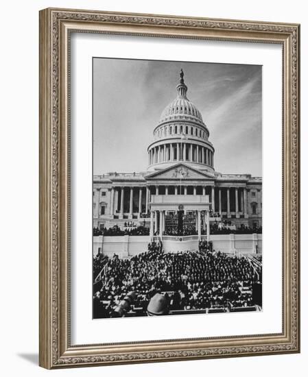 Pres. Lyndon B. Johnson Taking Oath of Office During Inauguration Ceremonies-John Dominis-Framed Photographic Print