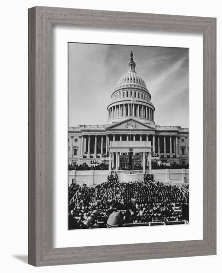 Pres. Lyndon B. Johnson Taking Oath of Office During Inauguration Ceremonies-John Dominis-Framed Photographic Print